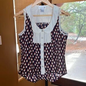 Vintage Metallic Sky Navy Blue Orange Bird Blouse Size Medium